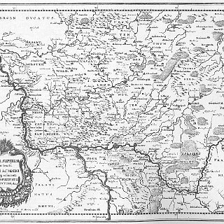 Bild0275 Ein Kupferstich von Matthäus Merian aus der Topographia Hassiae. Er zeigt eine Karte Hessens vom Rhein im Westen bis nach Franken im Osten vom Odenwald im Süden...