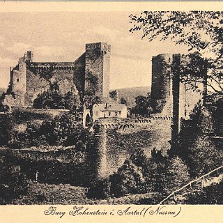 Bild0358 Postkarte Burg Hohenstein i. Aartal (Naussau) Rückseite Briefmarken Deutsches Reich (Bahnpost Zug 4026 Wiesbaden - Limburg)